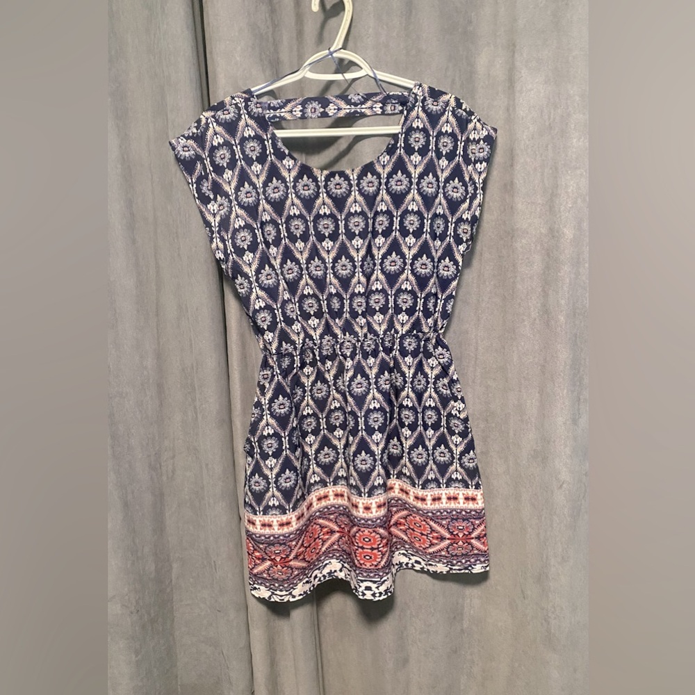 Pink Rose Navy and Pink Geometric Mini Dress with Pockets | Size Small